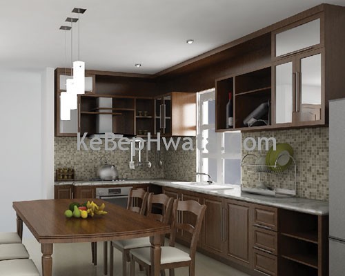 Tủ bếp bằng inox cánh gỗ do công Hwata cung cấp